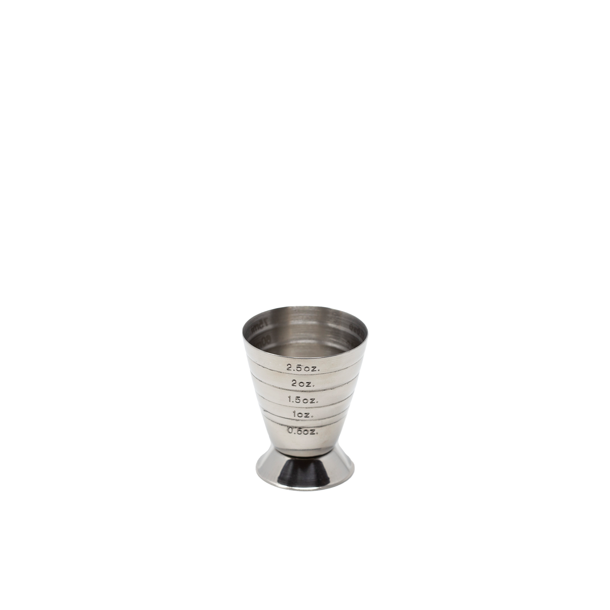 Stainless Steel 2.5oz Cocktail Jigger. Measurements in oz and ml