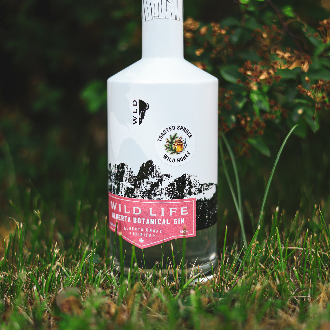 A bottle of Wild Life Gin, Alberta Botanical, standing upright in green grass with a blurred natural background of foliage.